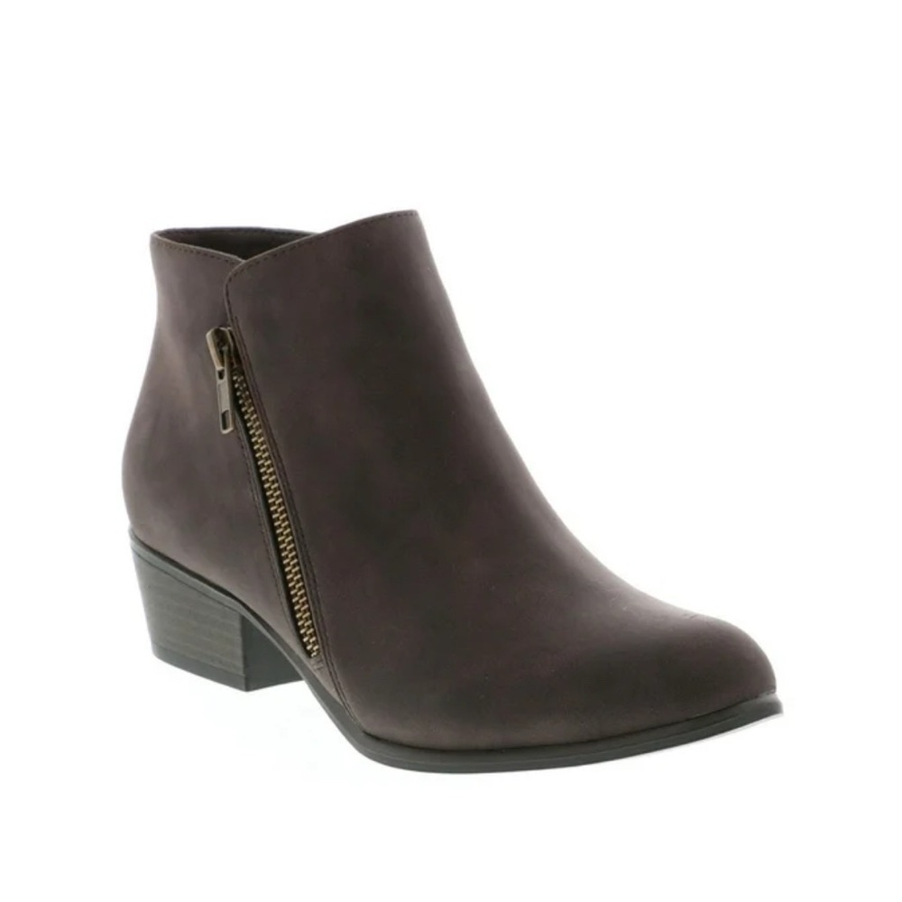 UNIONBAY Trista 2 Ankle Booties Brown Faux Leather Side Zip Block Heel Size 9.5